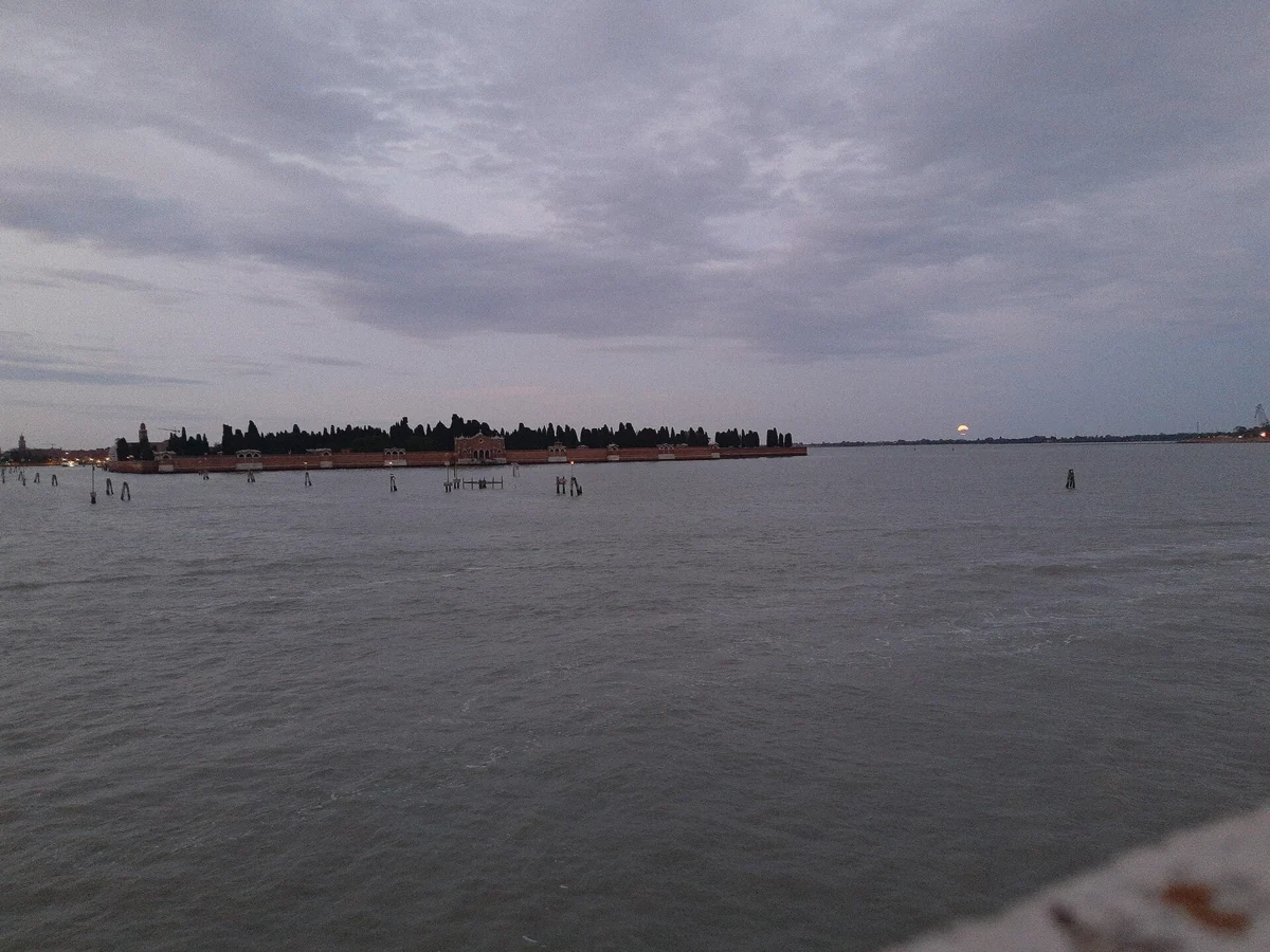 The cypress walls of San Michele cemetery island from the lagoon, passed on the crossing out of Venice