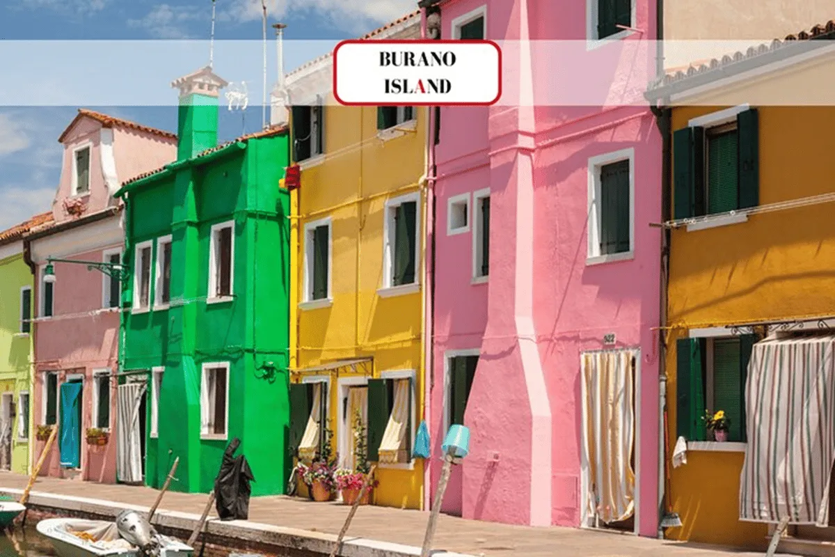 Guide leading travellers along a canal lined with brightly painted houses on Burano island during a guided Murano and Burano tour from Venice, Italy